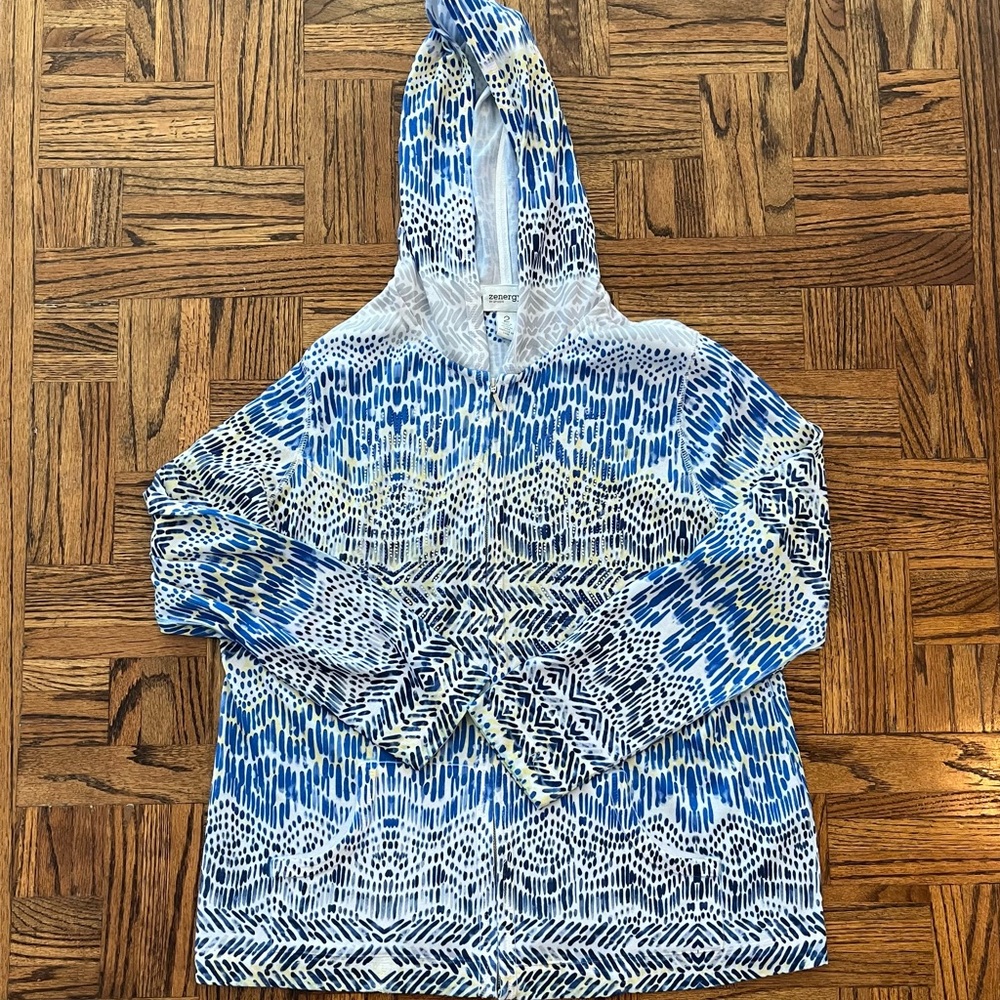 Chico’s Zenergy Light Knit Long Sleeved Zippered Hooded Jacket Blue Yellow 2 12